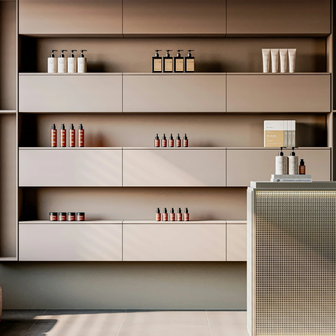 Shelves with skincare products and bottles in a salon